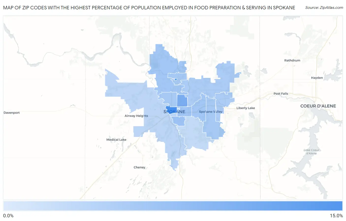 Zip Codes with the Highest Percentage of Population Employed in Food Preparation & Serving in Spokane Map