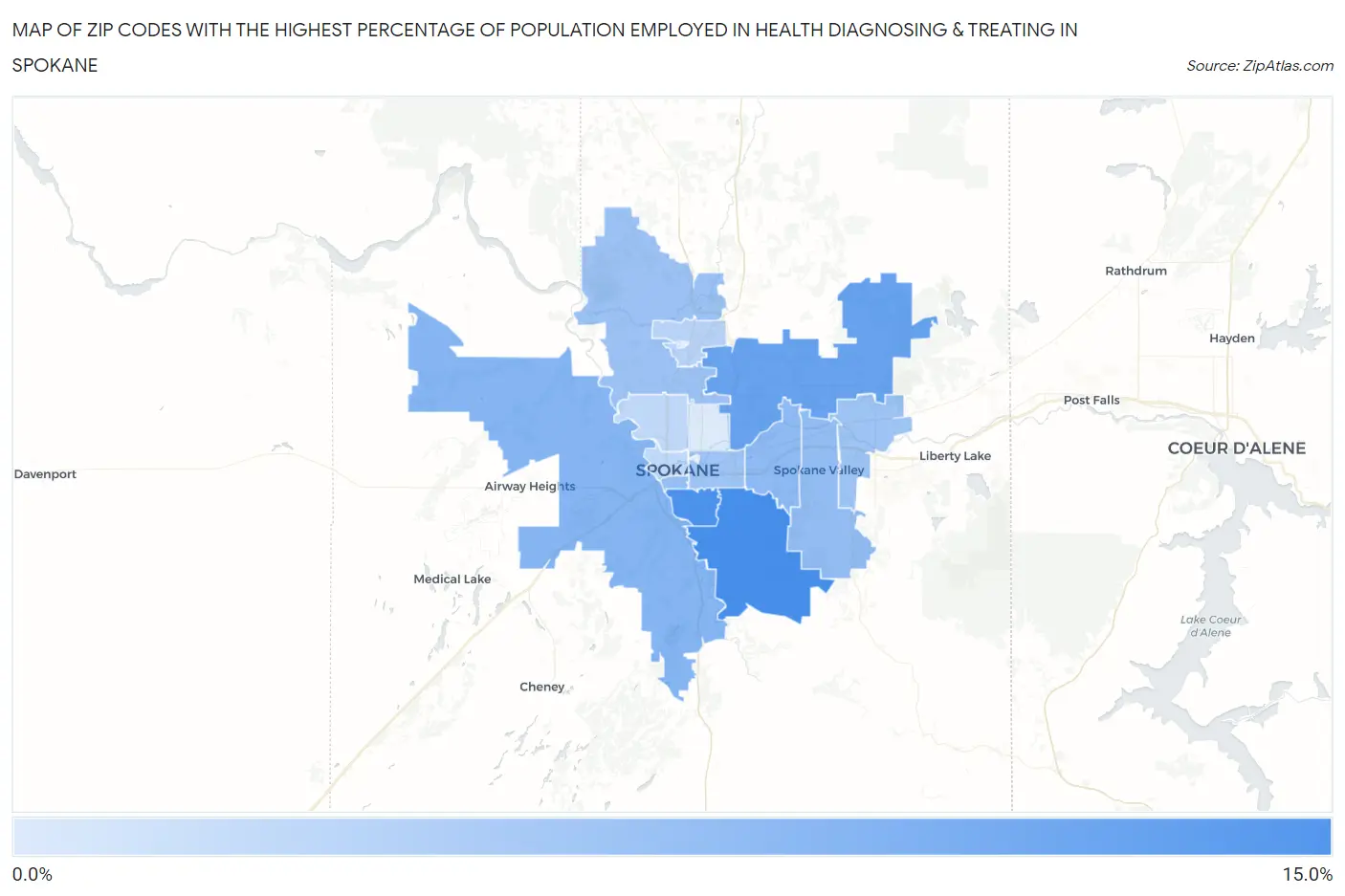 Zip Codes with the Highest Percentage of Population Employed in Health Diagnosing & Treating in Spokane Map