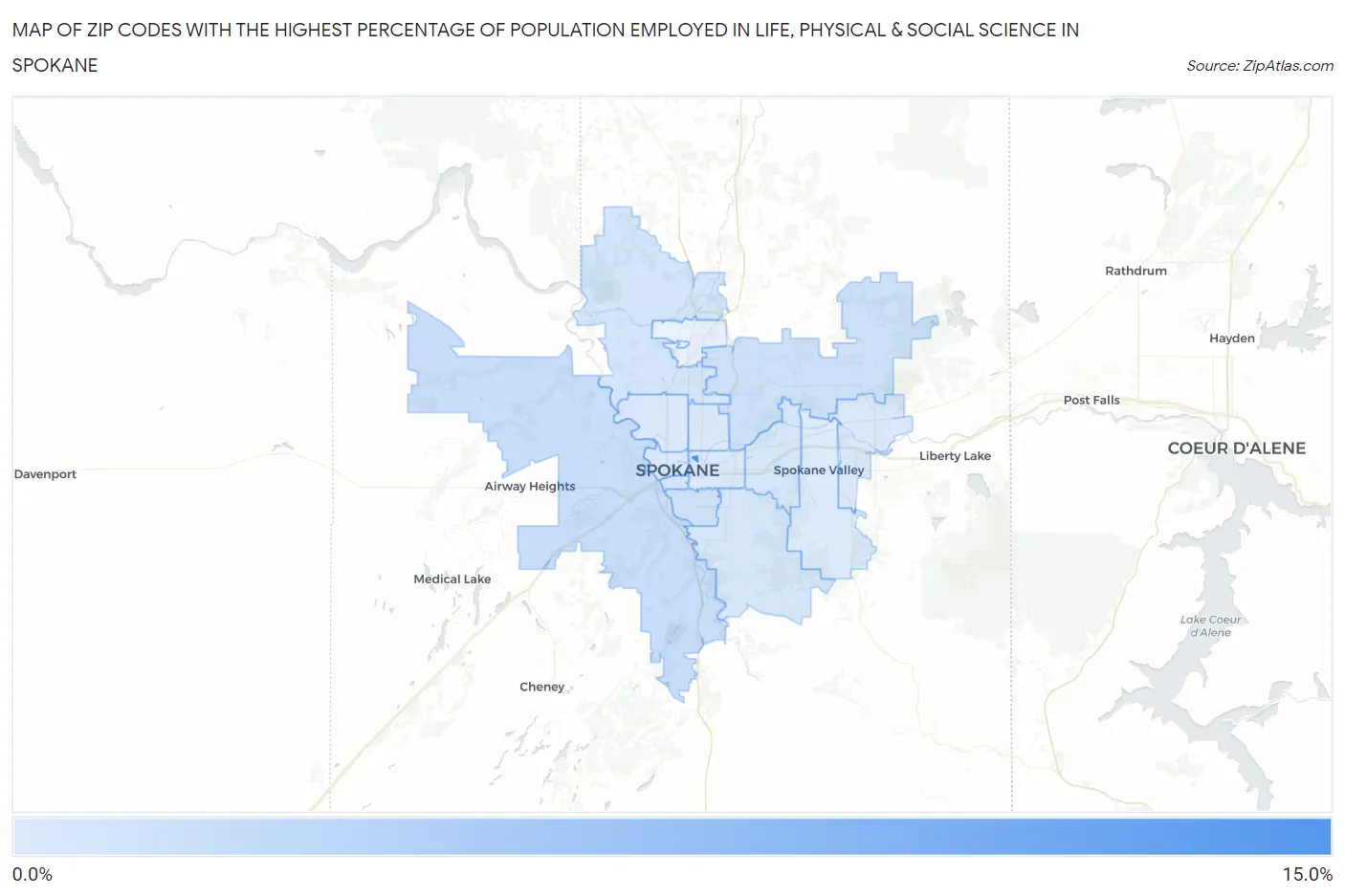 Zip Codes with the Highest Percentage of Population Employed in Life, Physical & Social Science in Spokane Map
