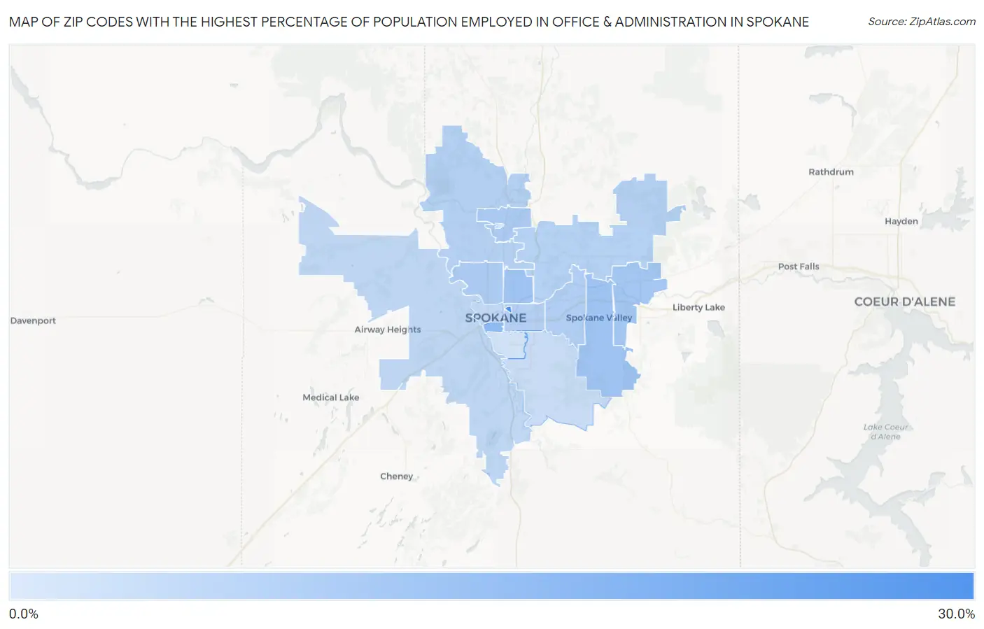 Zip Codes with the Highest Percentage of Population Employed in Office & Administration in Spokane Map