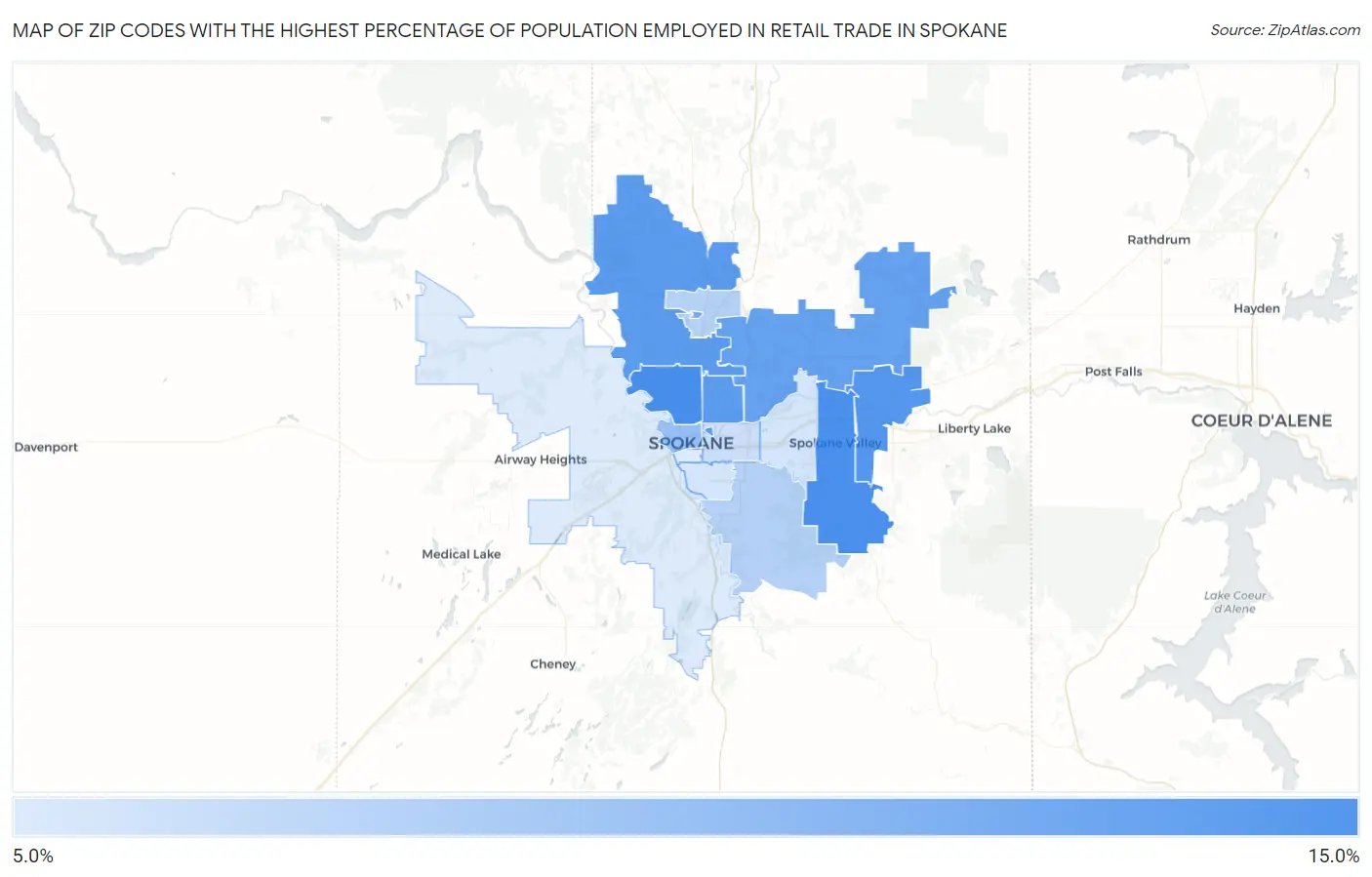 Zip Codes with the Highest Percentage of Population Employed in Retail Trade in Spokane Map