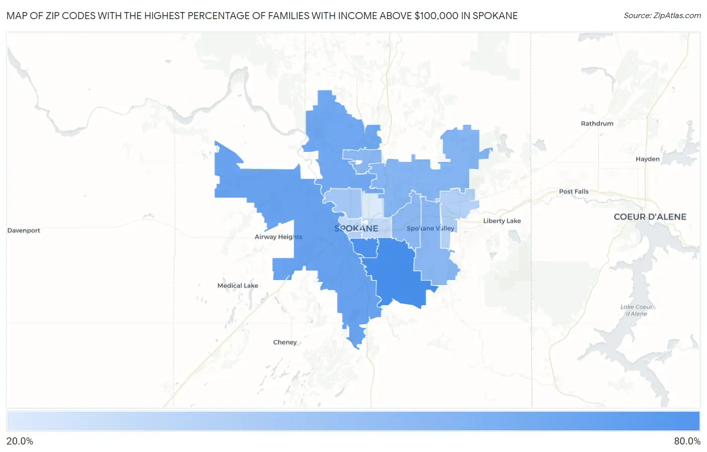 Zip Codes with the Highest Percentage of Families with Income Above $100,000 in Spokane Map