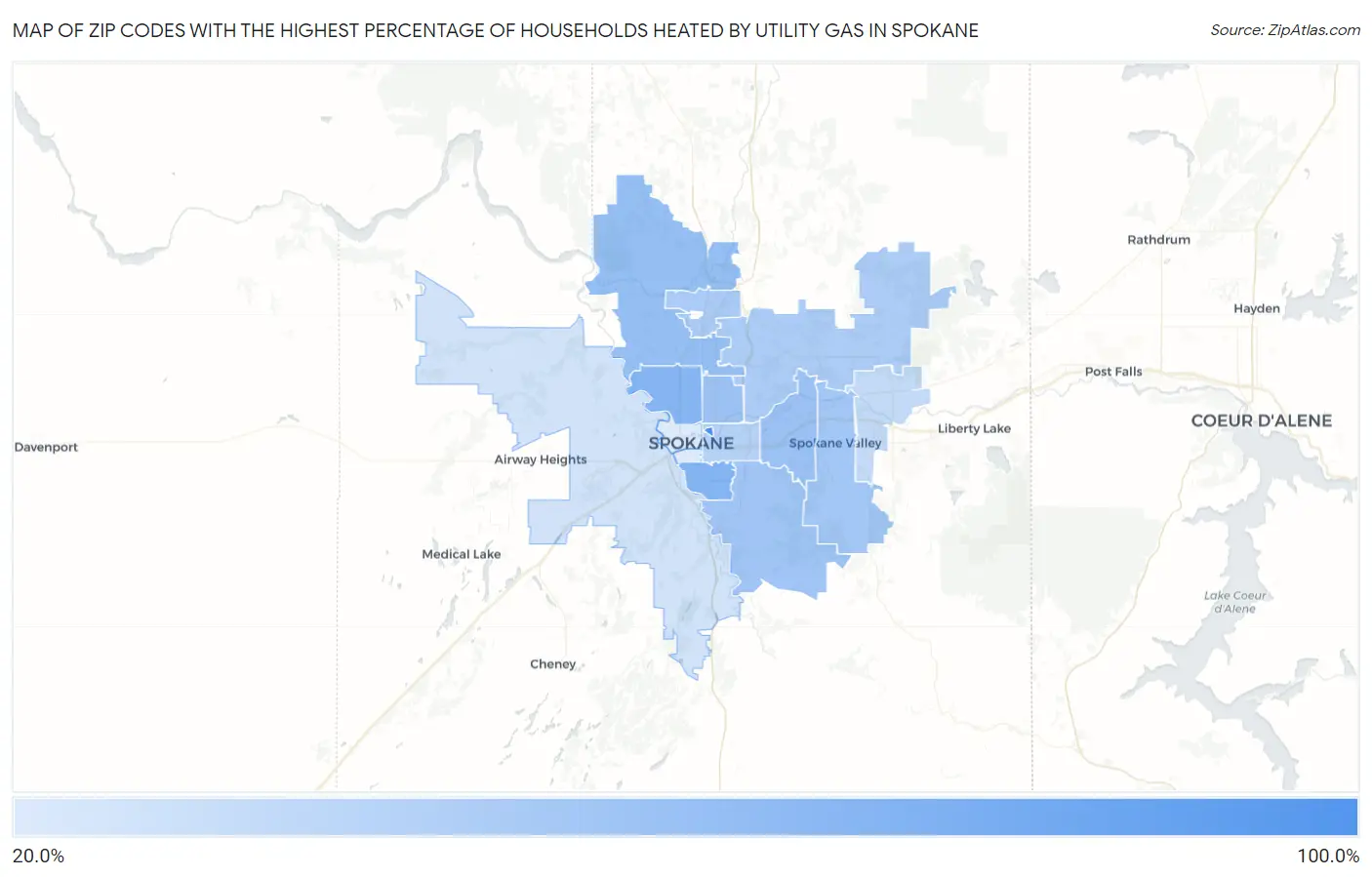 Zip Codes with the Highest Percentage of Households Heated by Utility Gas in Spokane Map
