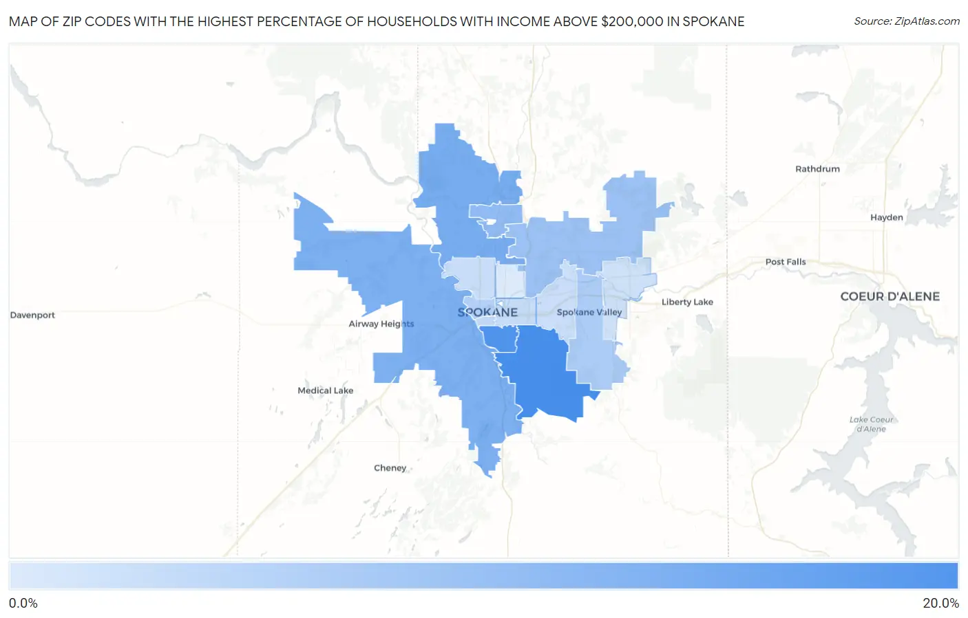 Zip Codes with the Highest Percentage of Households with Income Above $200,000 in Spokane Map