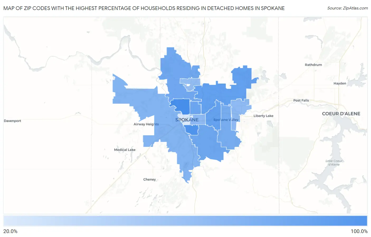 Zip Codes with the Highest Percentage of Households Residing in Detached Homes in Spokane Map