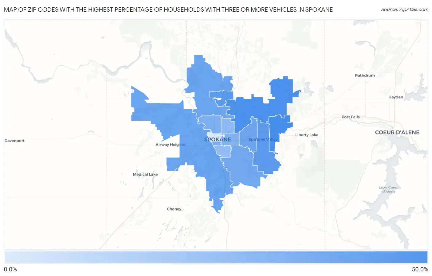 Zip Codes with the Highest Percentage of Households With Three or more Vehicles in Spokane Map