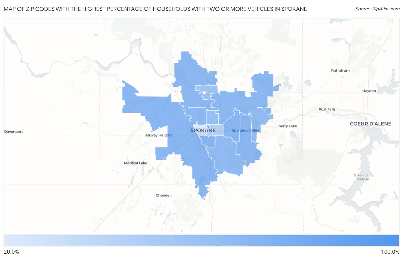 Zip Codes with the Highest Percentage of Households With Two or more Vehicles in Spokane Map