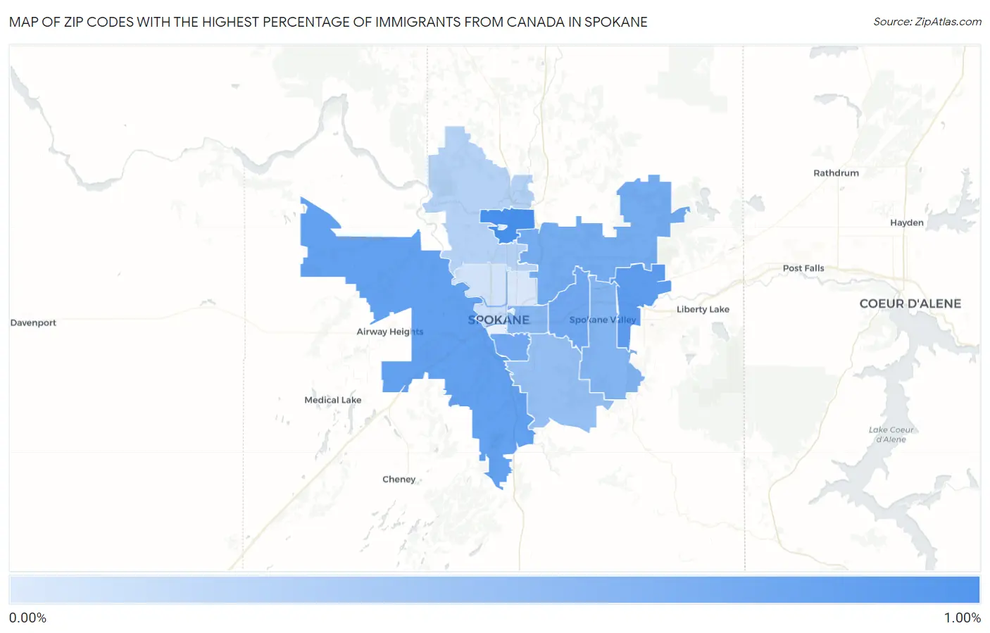Zip Codes with the Highest Percentage of Immigrants from Canada in Spokane Map