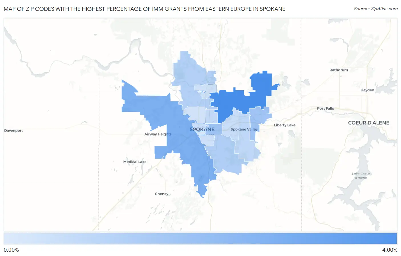Zip Codes with the Highest Percentage of Immigrants from Eastern Europe in Spokane Map