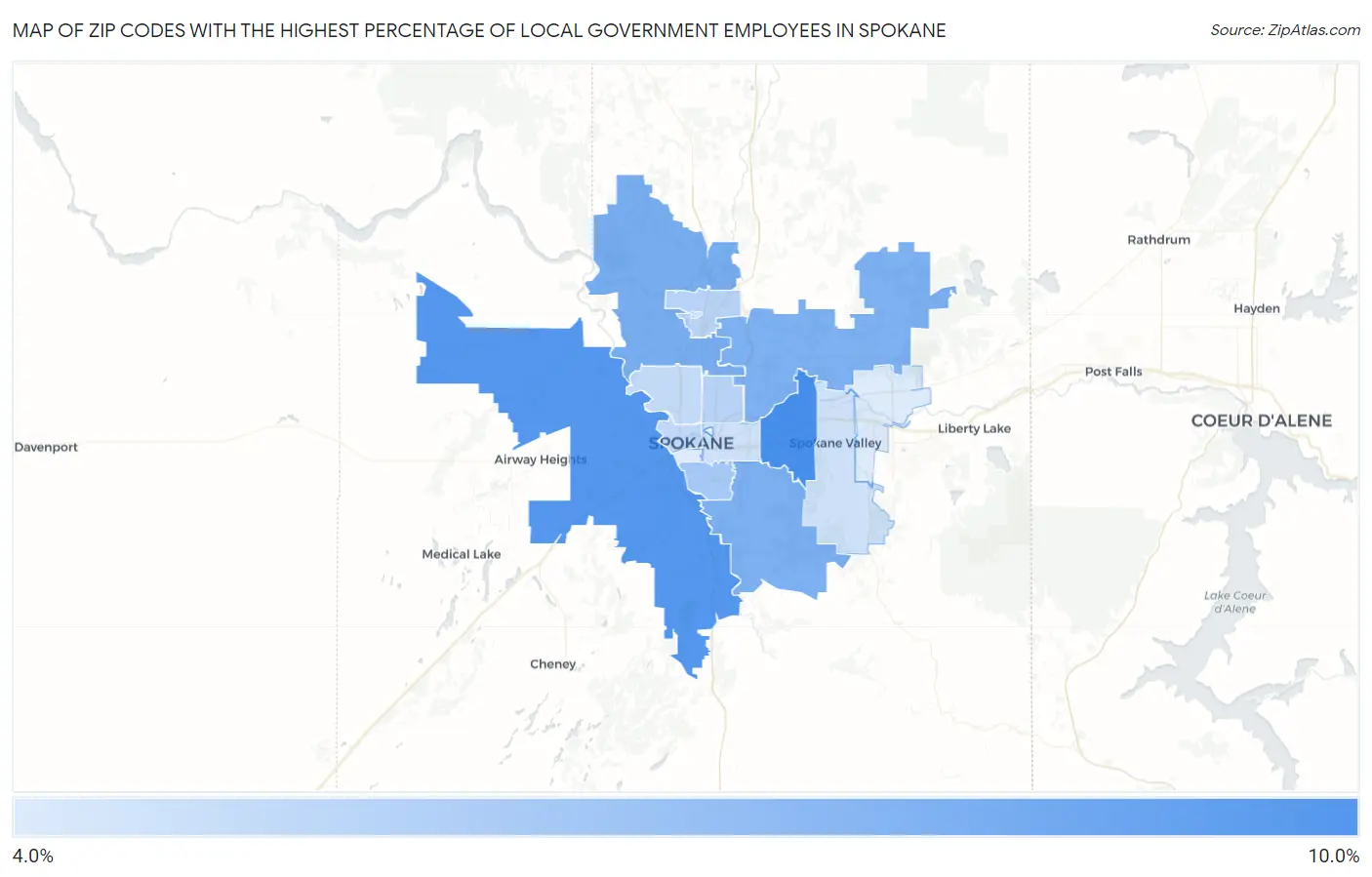 Zip Codes with the Highest Percentage of Local Government Employees in Spokane Map