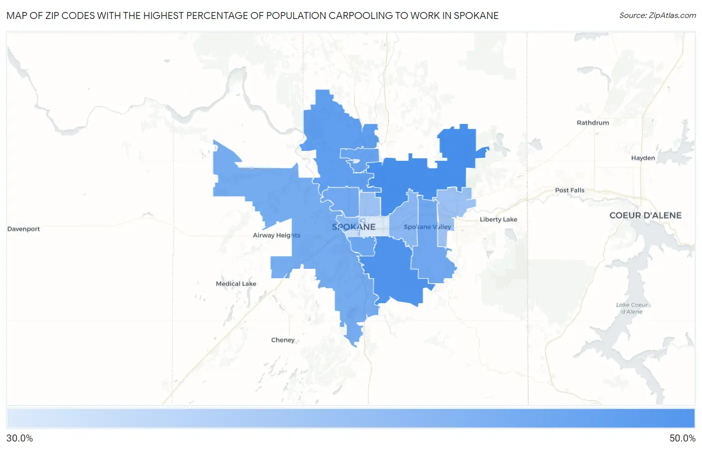 Zip Codes with the Highest Percentage of Population Carpooling to Work in Spokane Map