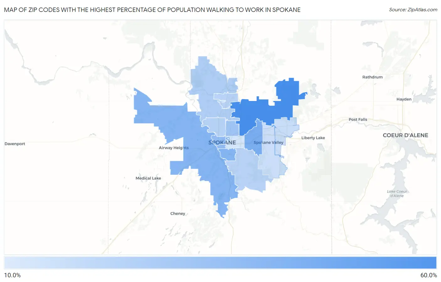 Zip Codes with the Highest Percentage of Population Walking to Work in Spokane Map