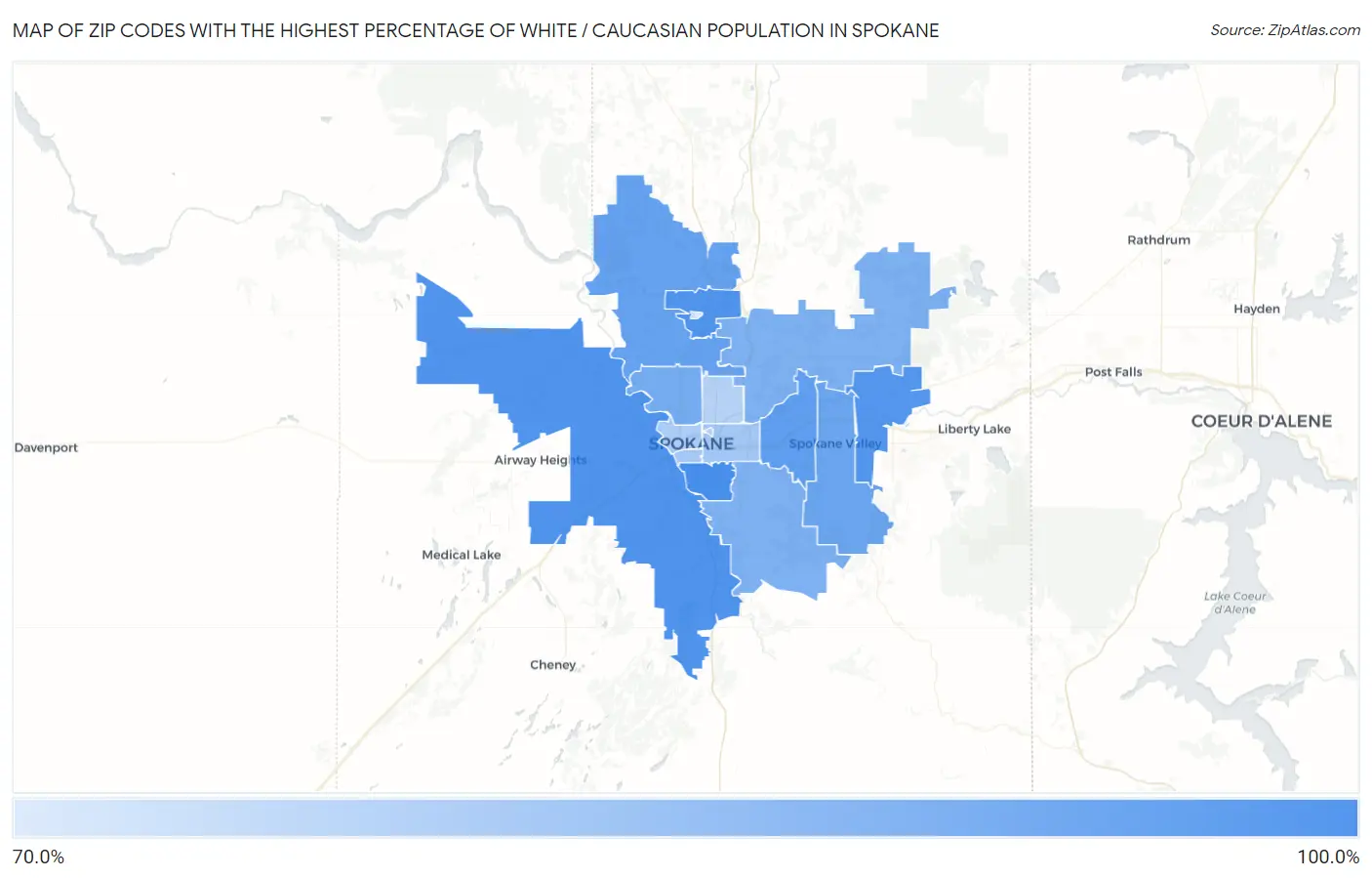 Zip Codes with the Highest Percentage of White / Caucasian Population in Spokane Map