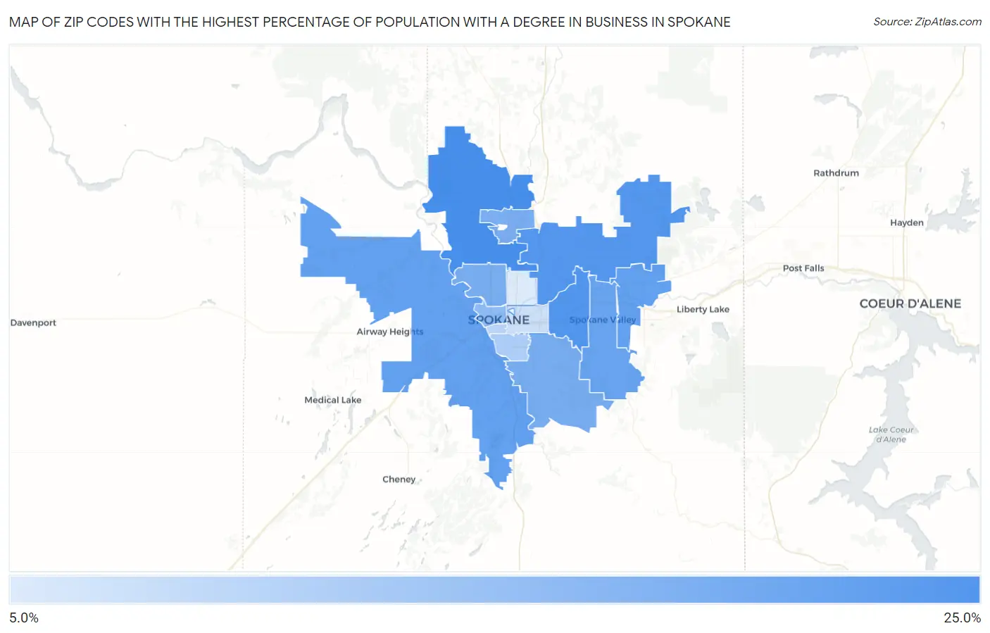 Zip Codes with the Highest Percentage of Population with a Degree in Business in Spokane Map