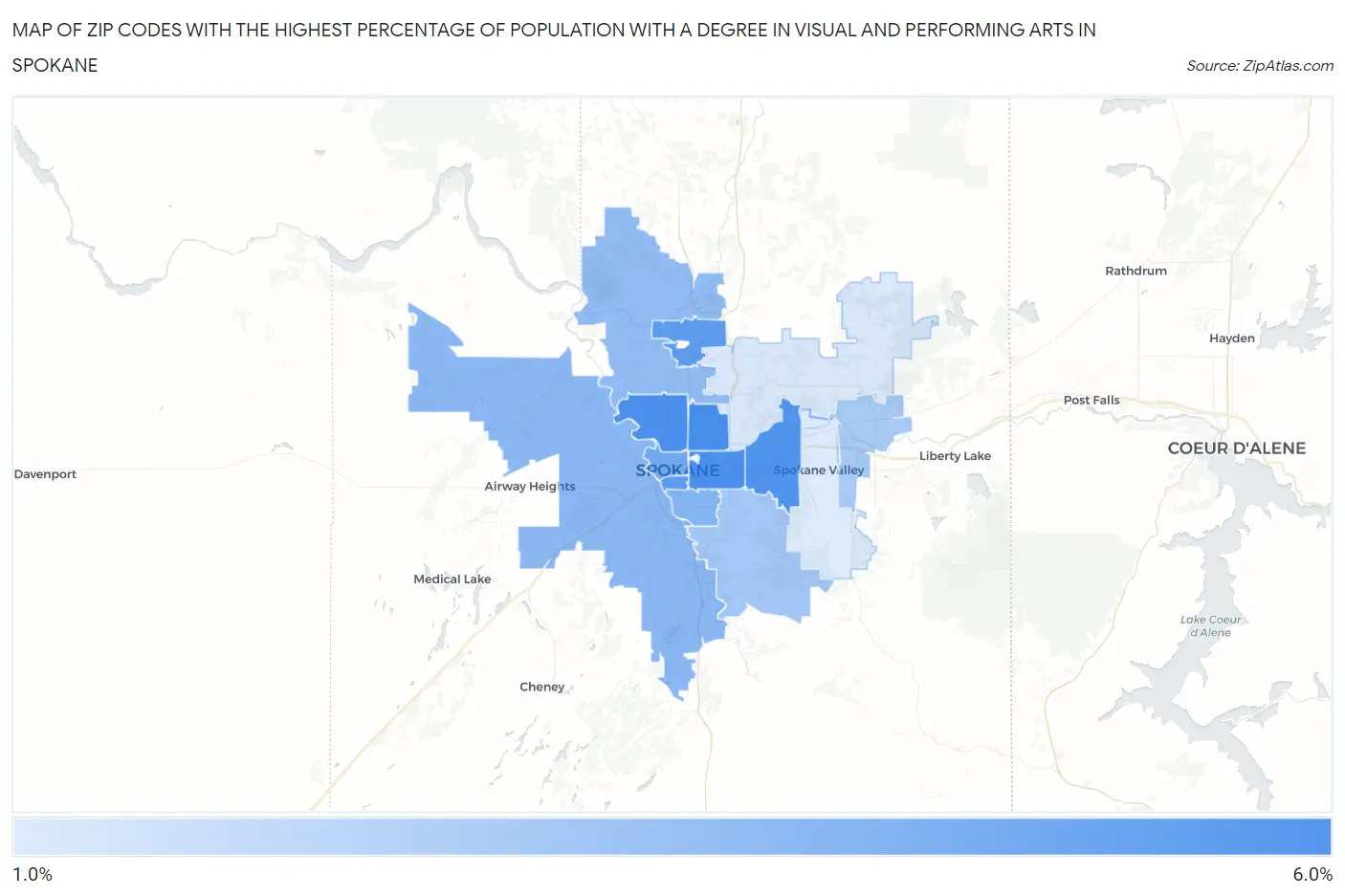 Zip Codes with the Highest Percentage of Population with a Degree in Visual and Performing Arts in Spokane Map