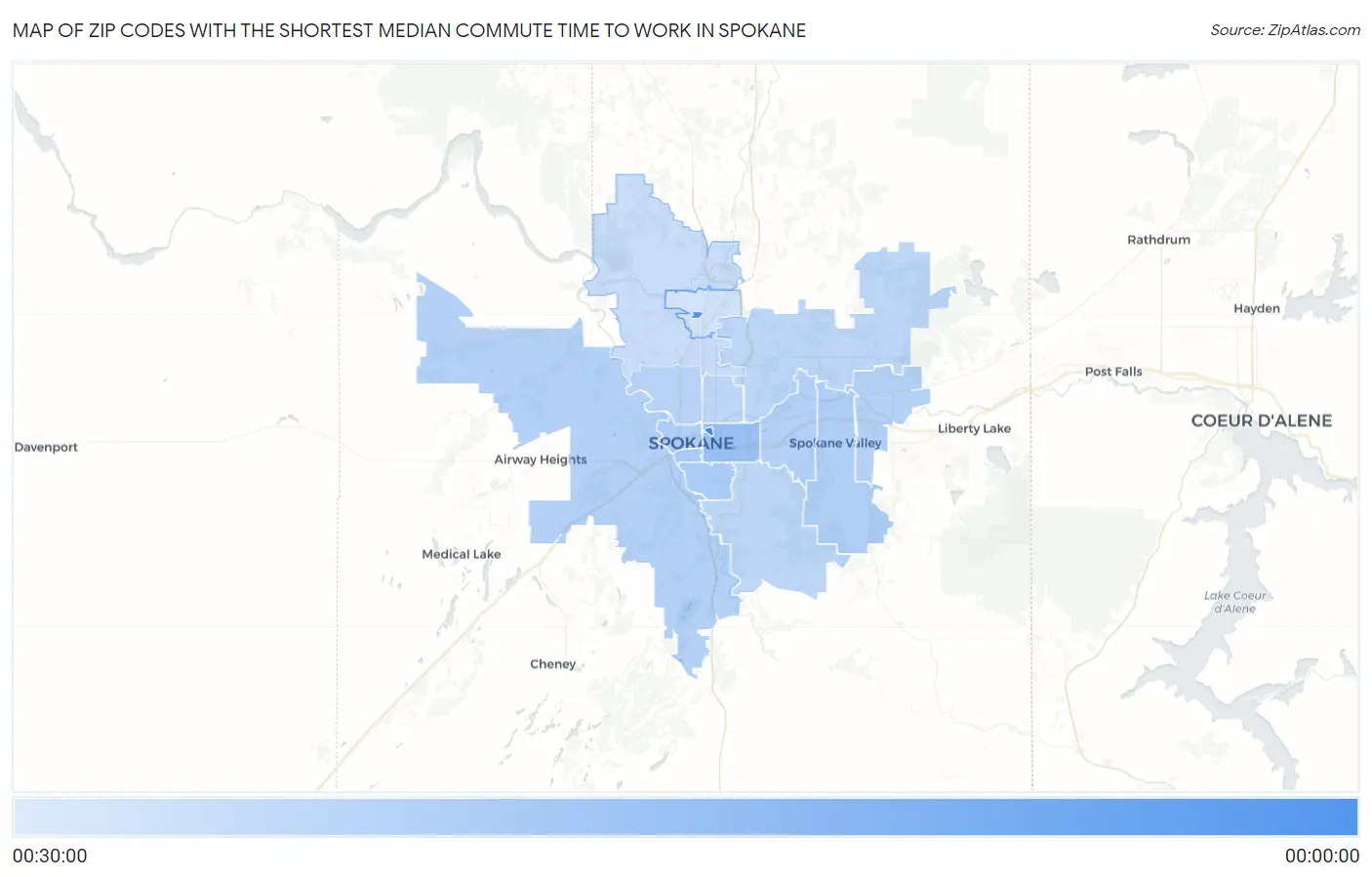 Zip Codes with the Shortest Median Commute Time to Work in Spokane Map