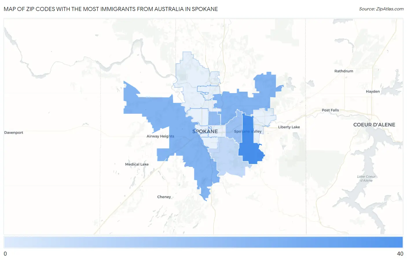 Zip Codes with the Most Immigrants from Australia in Spokane Map