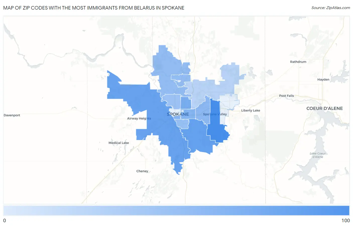 Zip Codes with the Most Immigrants from Belarus in Spokane Map