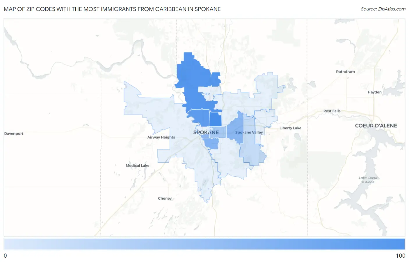 Zip Codes with the Most Immigrants from Caribbean in Spokane Map