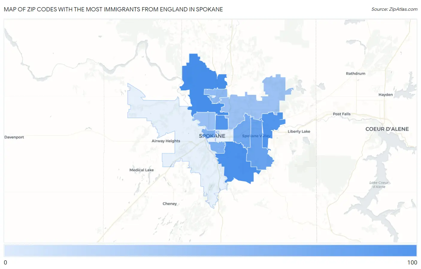 Zip Codes with the Most Immigrants from England in Spokane Map