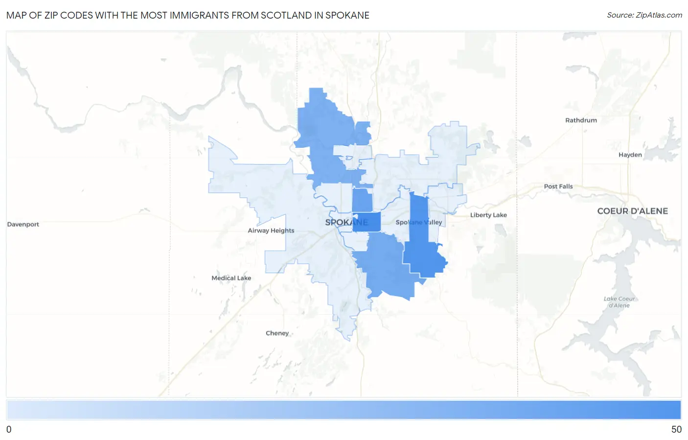 Zip Codes with the Most Immigrants from Scotland in Spokane Map