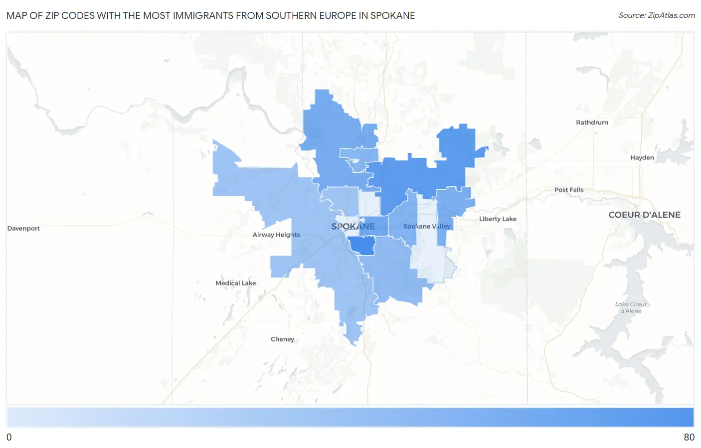 Zip Codes with the Most Immigrants from Southern Europe in Spokane Map