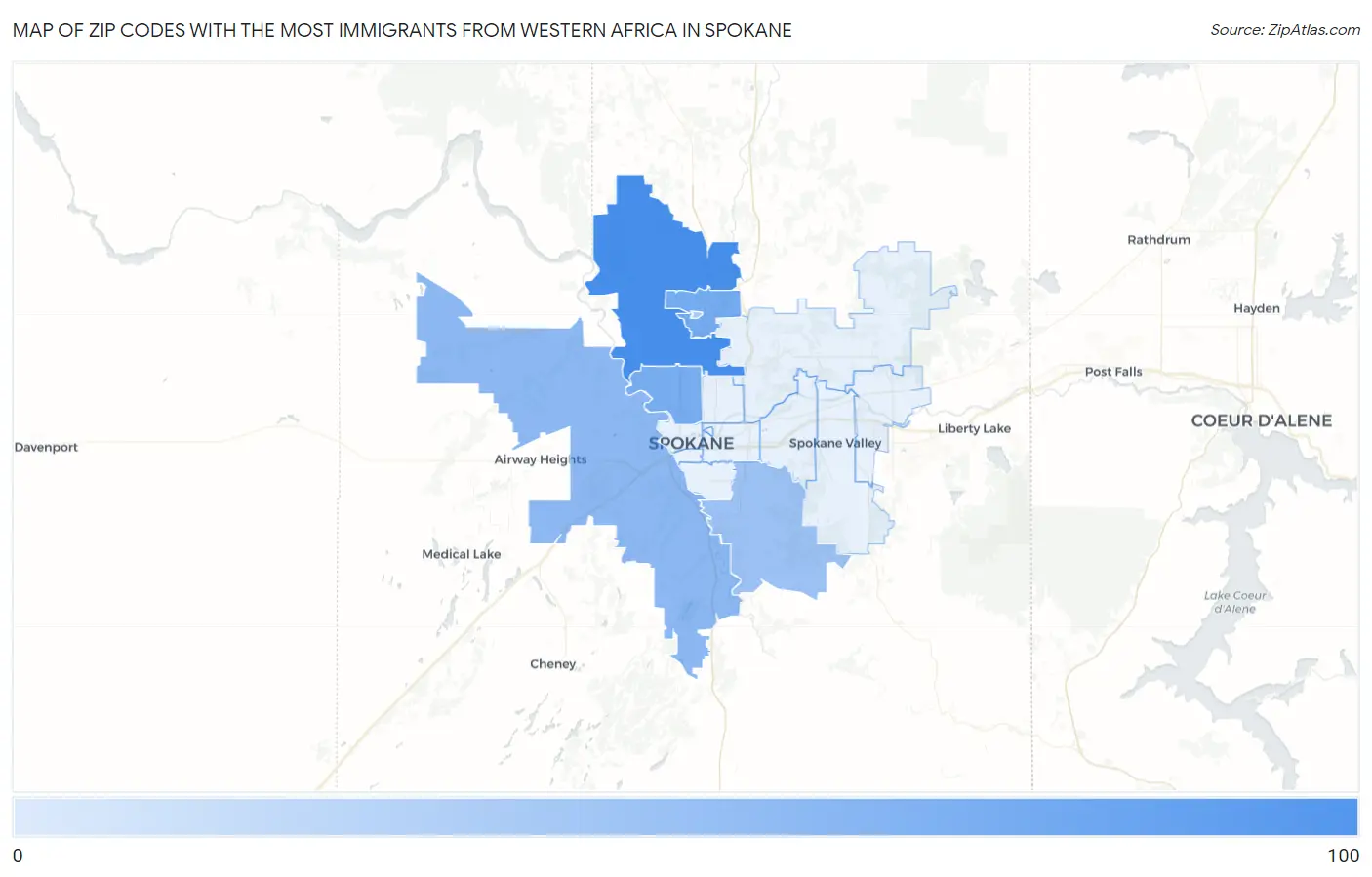 Zip Codes with the Most Immigrants from Western Africa in Spokane Map