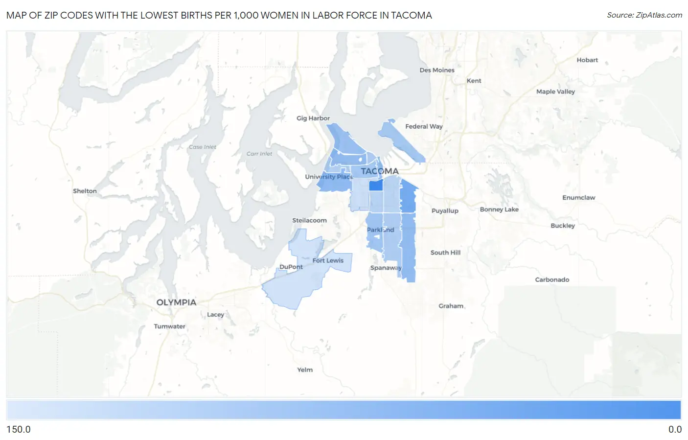 Zip Codes with the Lowest Births per 1,000 Women in Labor Force in Tacoma Map