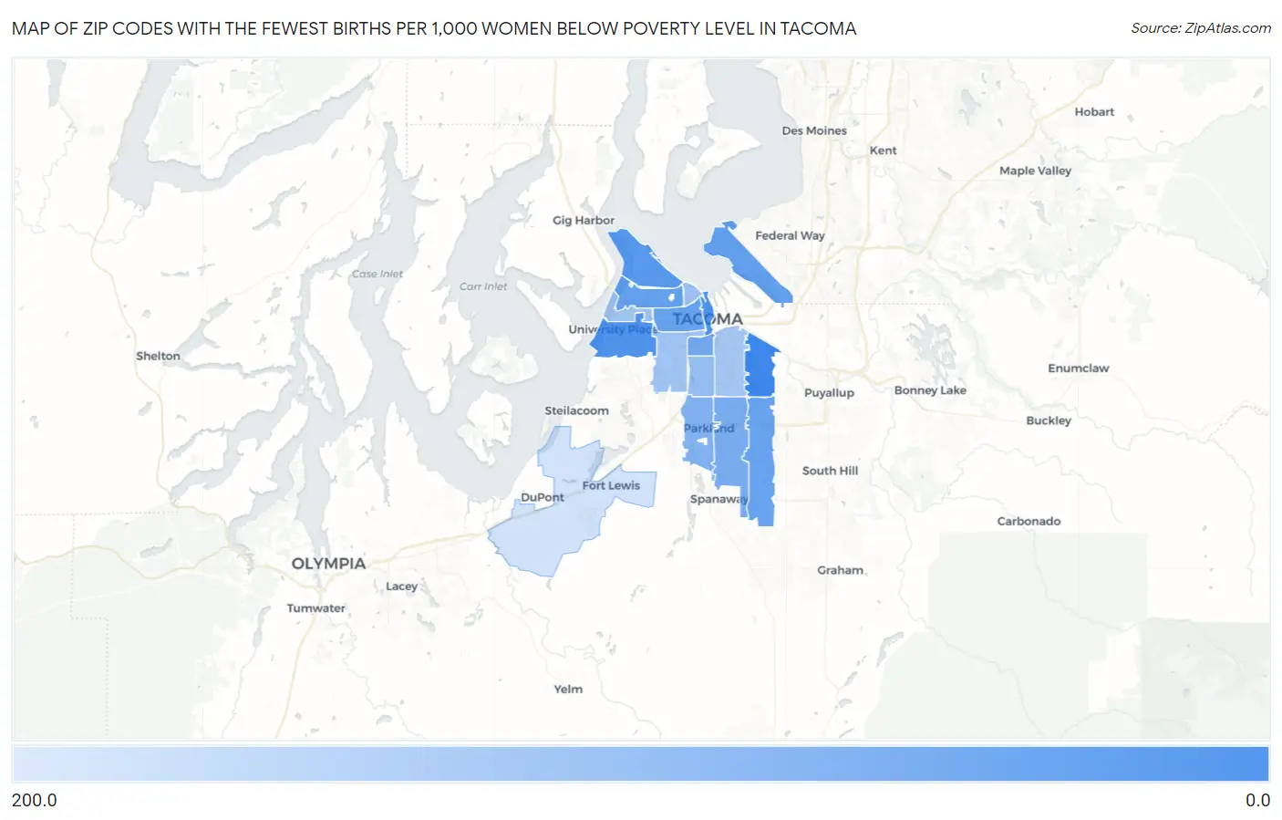 Zip Codes with the Fewest Births per 1,000 Women Below Poverty Level in Tacoma Map