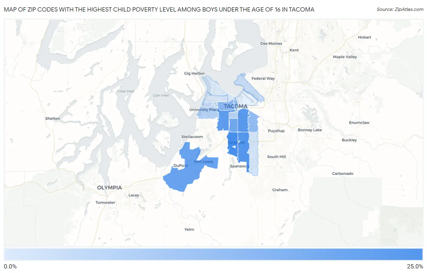 Zip Codes with the Highest Child Poverty Level Among Boys Under the Age of 16 in Tacoma Map