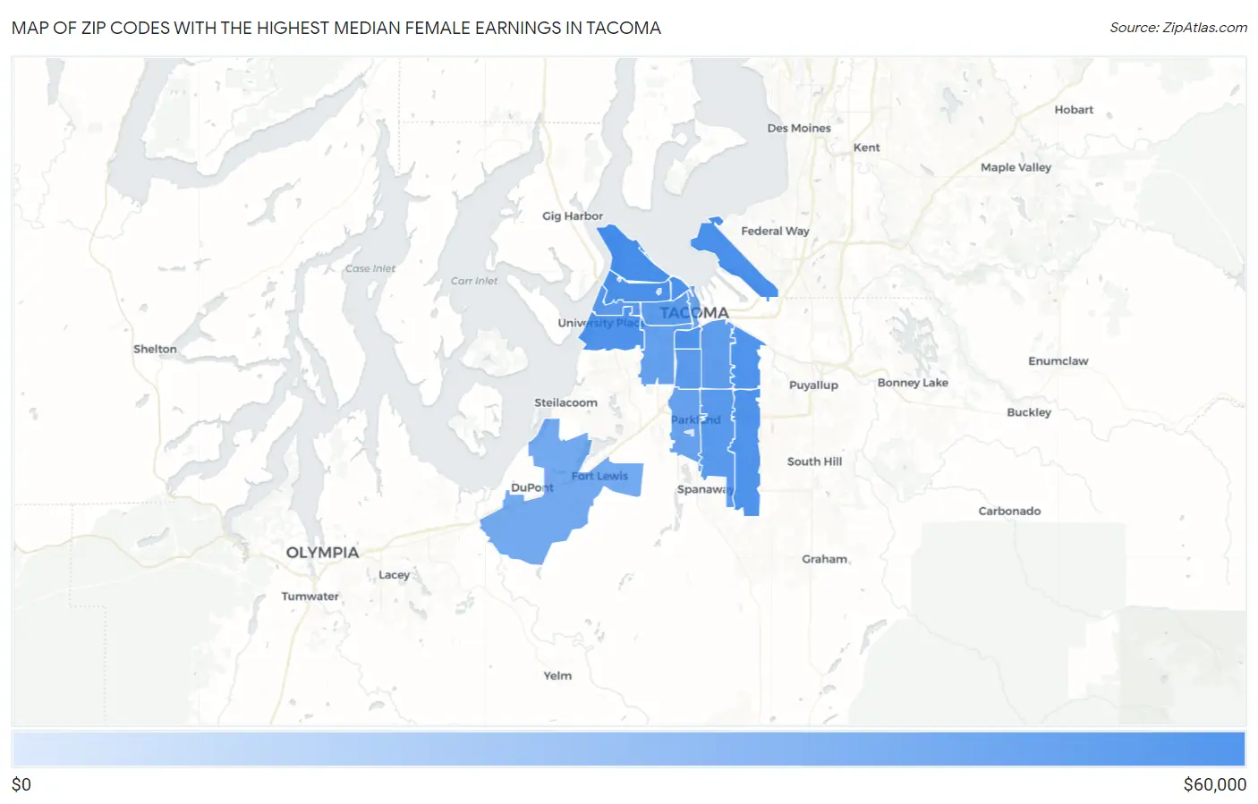 Zip Codes with the Highest Median Female Earnings in Tacoma Map