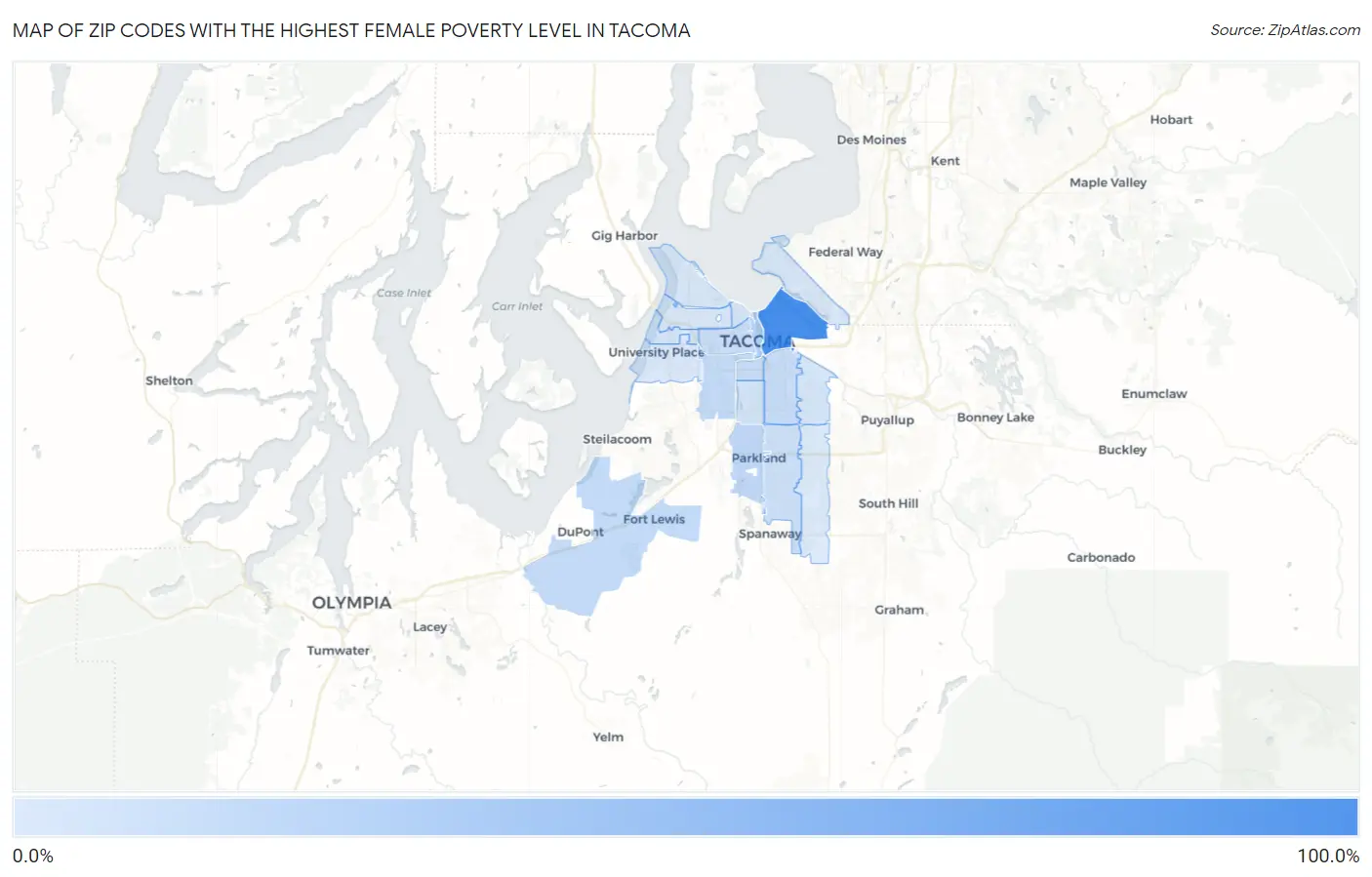 Zip Codes with the Highest Female Poverty Level in Tacoma Map