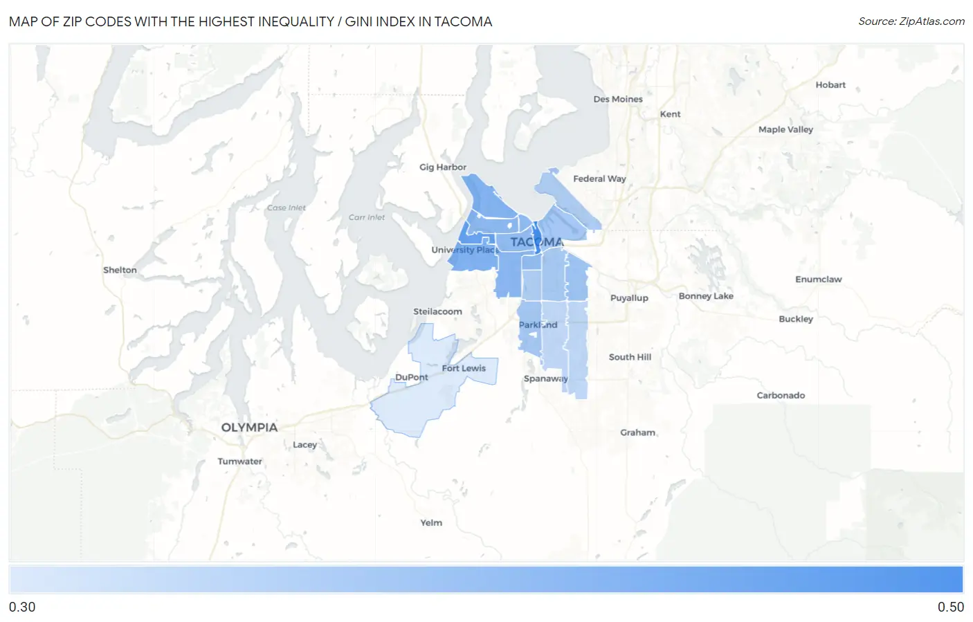 Zip Codes with the Highest Inequality / Gini Index in Tacoma Map