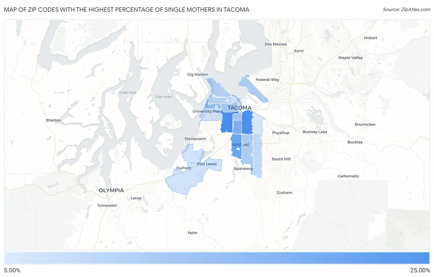 Zip Codes with the Highest Percentage of Single Mothers in Tacoma Map