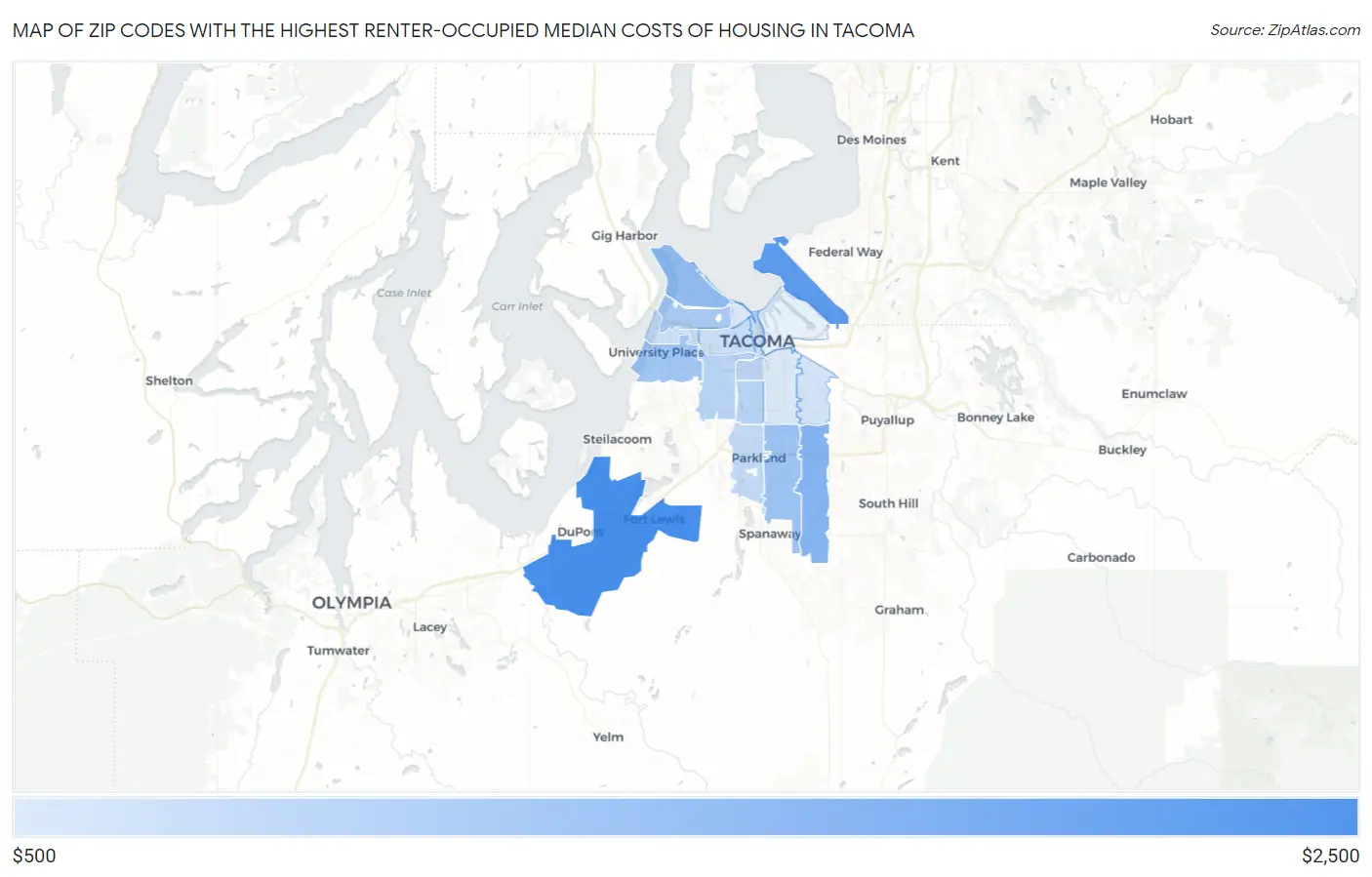 Zip Codes with the Highest Renter-Occupied Median Costs of Housing in Tacoma Map