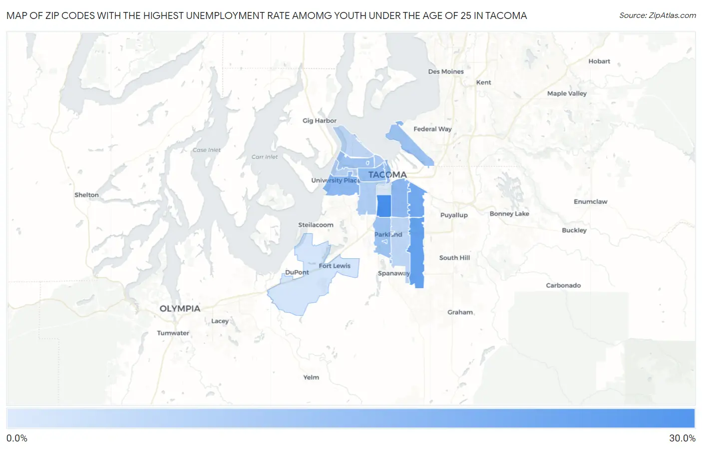 Zip Codes with the Highest Unemployment Rate Amomg Youth Under the Age of 25 in Tacoma Map