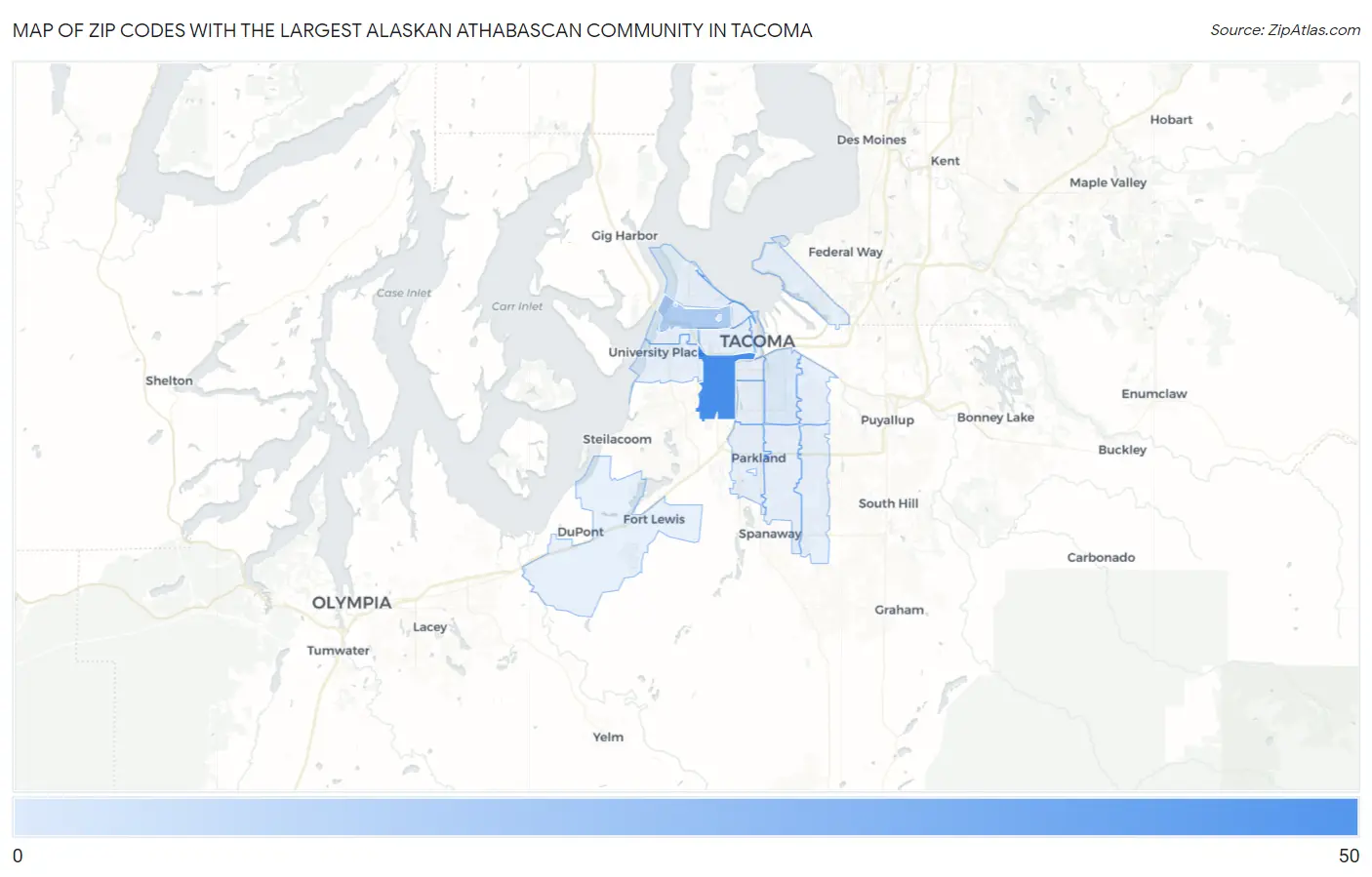 Zip Codes with the Largest Alaskan Athabascan Community in Tacoma Map