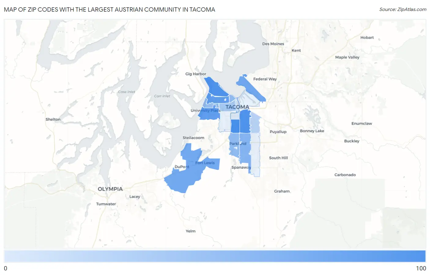 Zip Codes with the Largest Austrian Community in Tacoma Map
