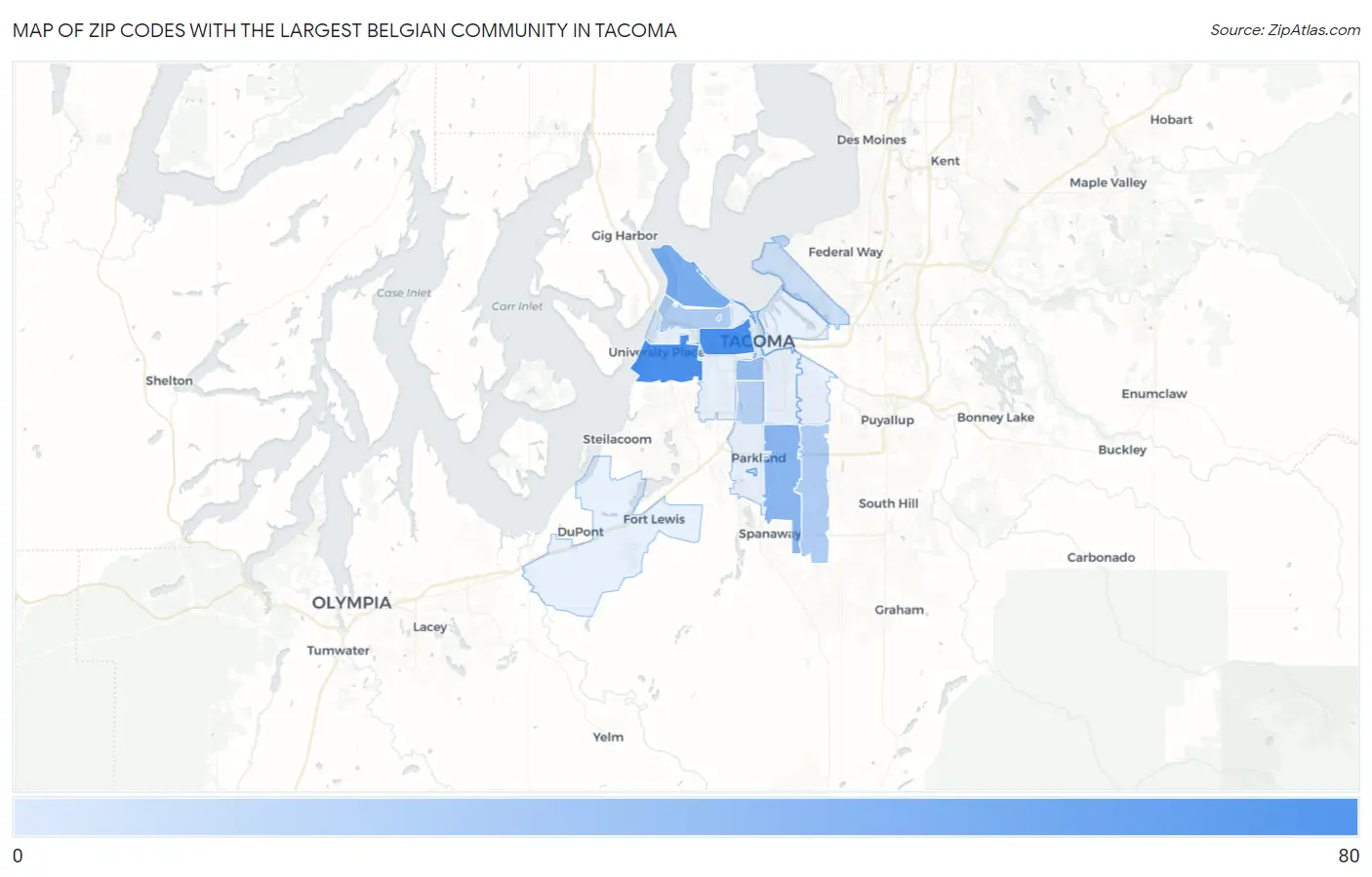 Zip Codes with the Largest Belgian Community in Tacoma Map
