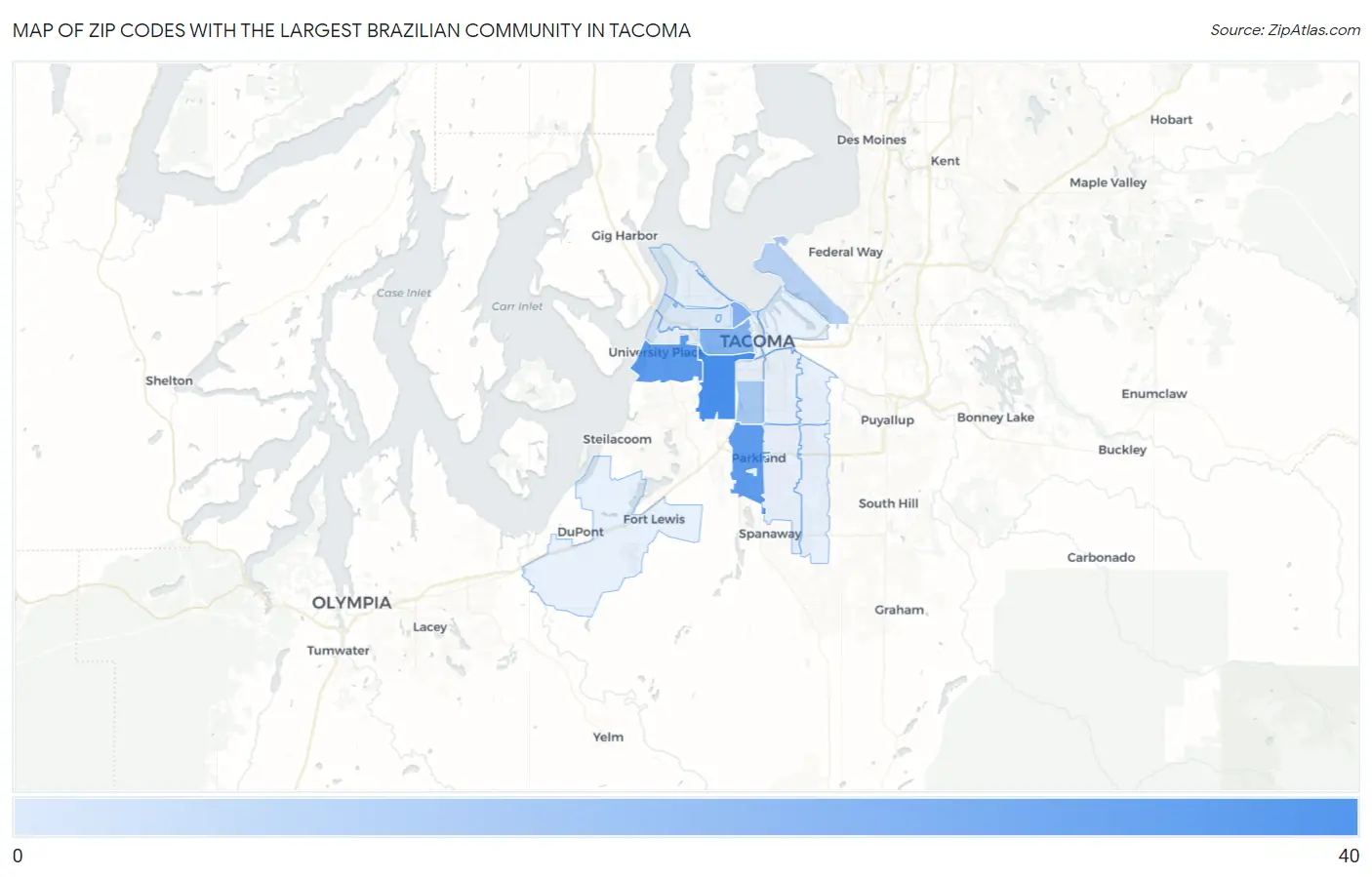 Zip Codes with the Largest Brazilian Community in Tacoma Map