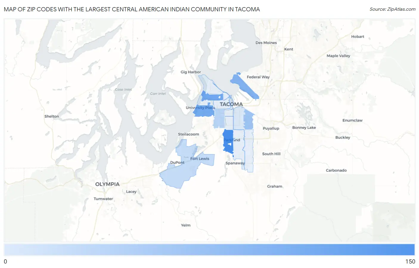 Zip Codes with the Largest Central American Indian Community in Tacoma Map