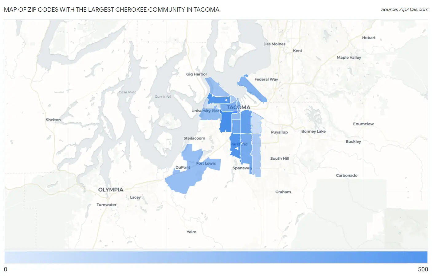 Zip Codes with the Largest Cherokee Community in Tacoma Map