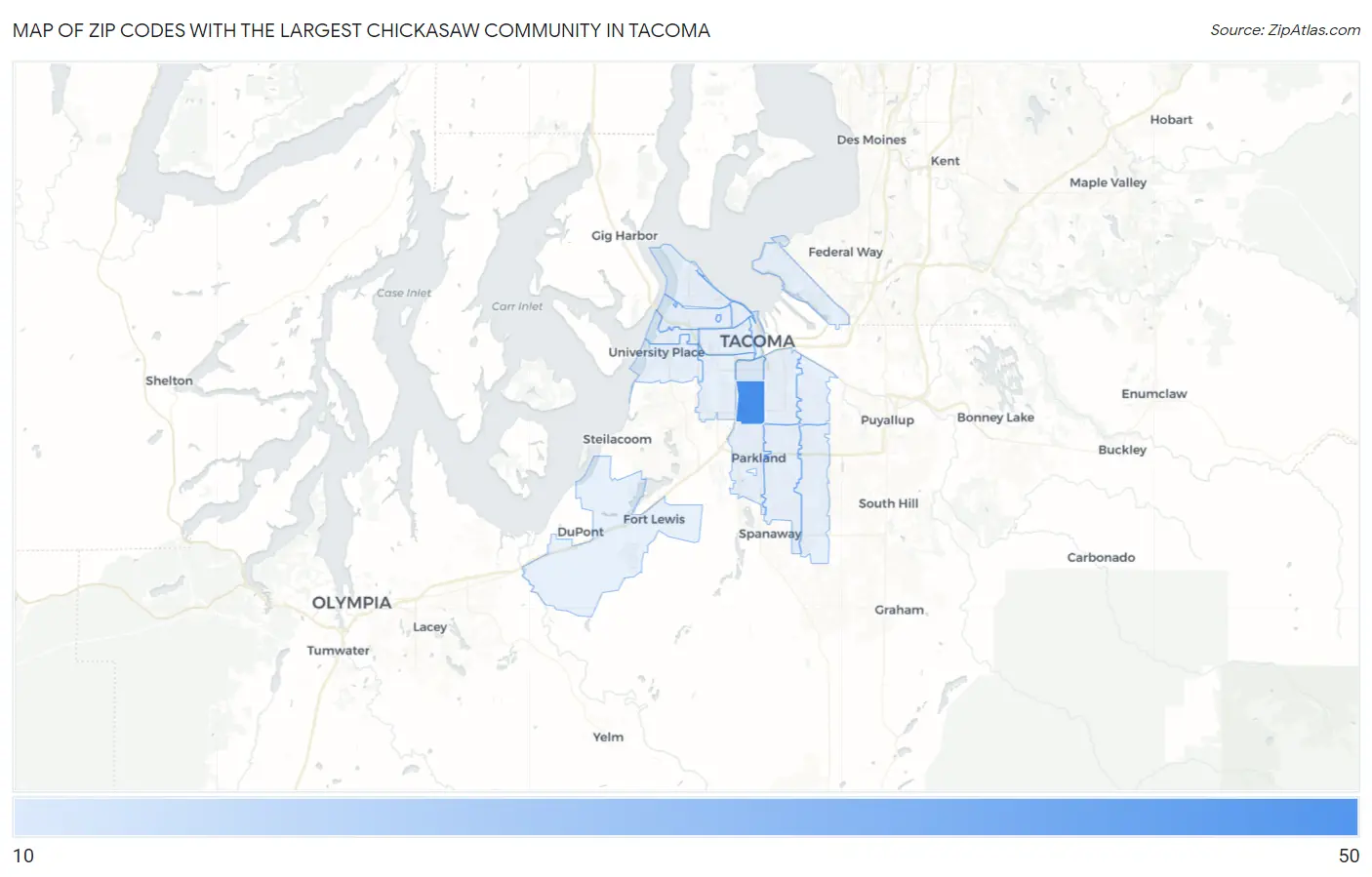 Zip Codes with the Largest Chickasaw Community in Tacoma Map