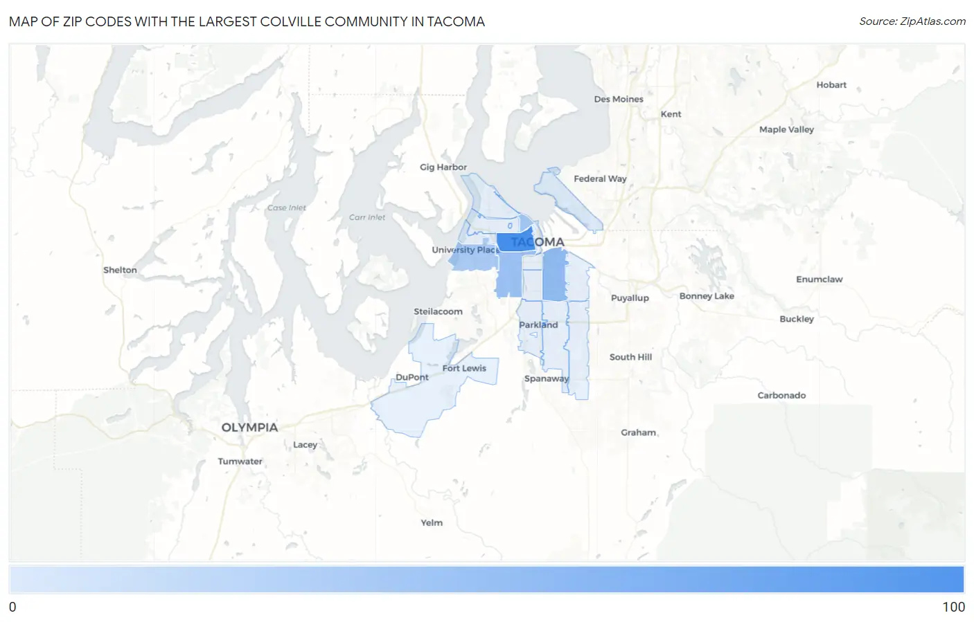 Zip Codes with the Largest Colville Community in Tacoma Map