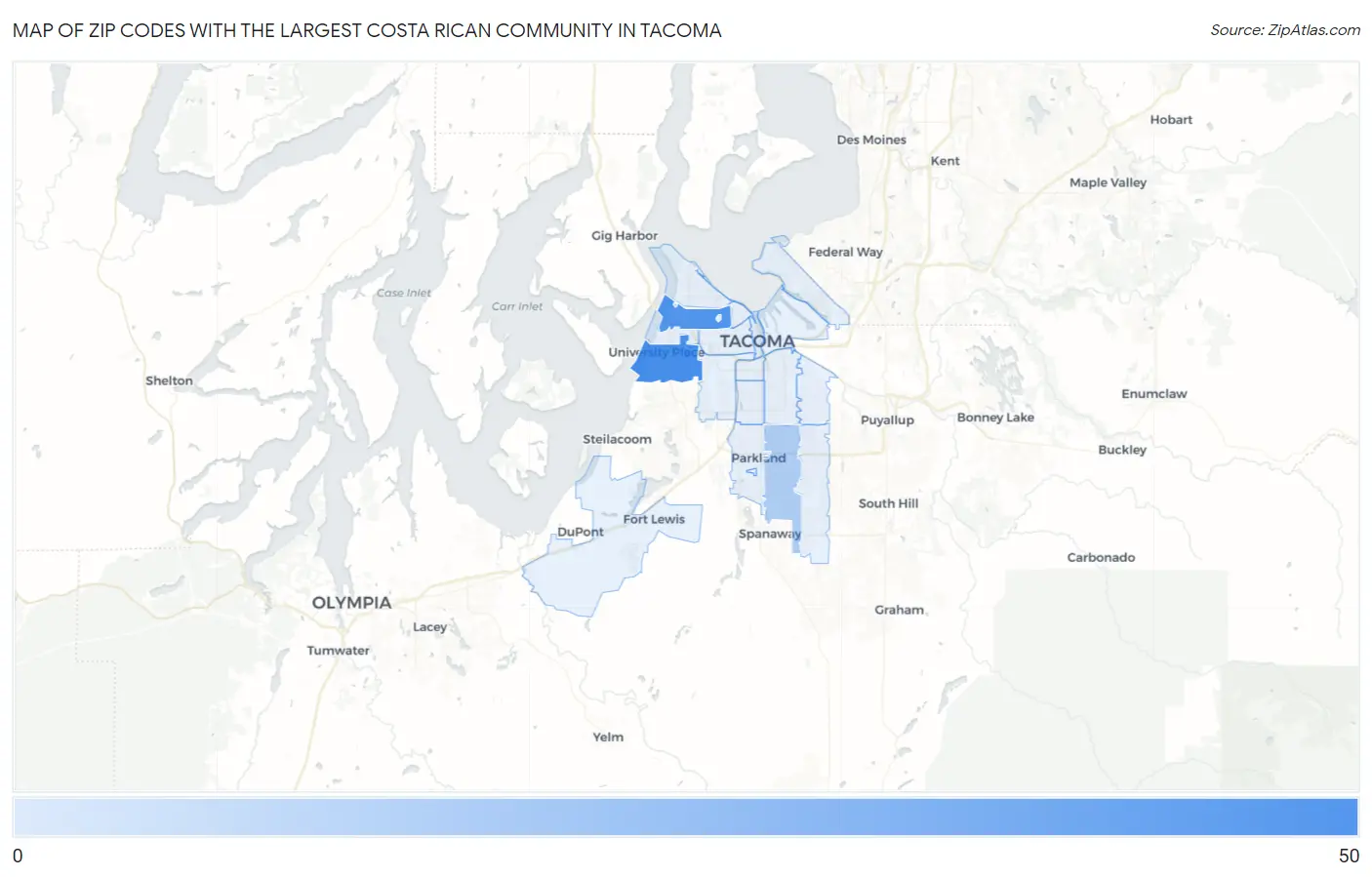 Zip Codes with the Largest Costa Rican Community in Tacoma Map