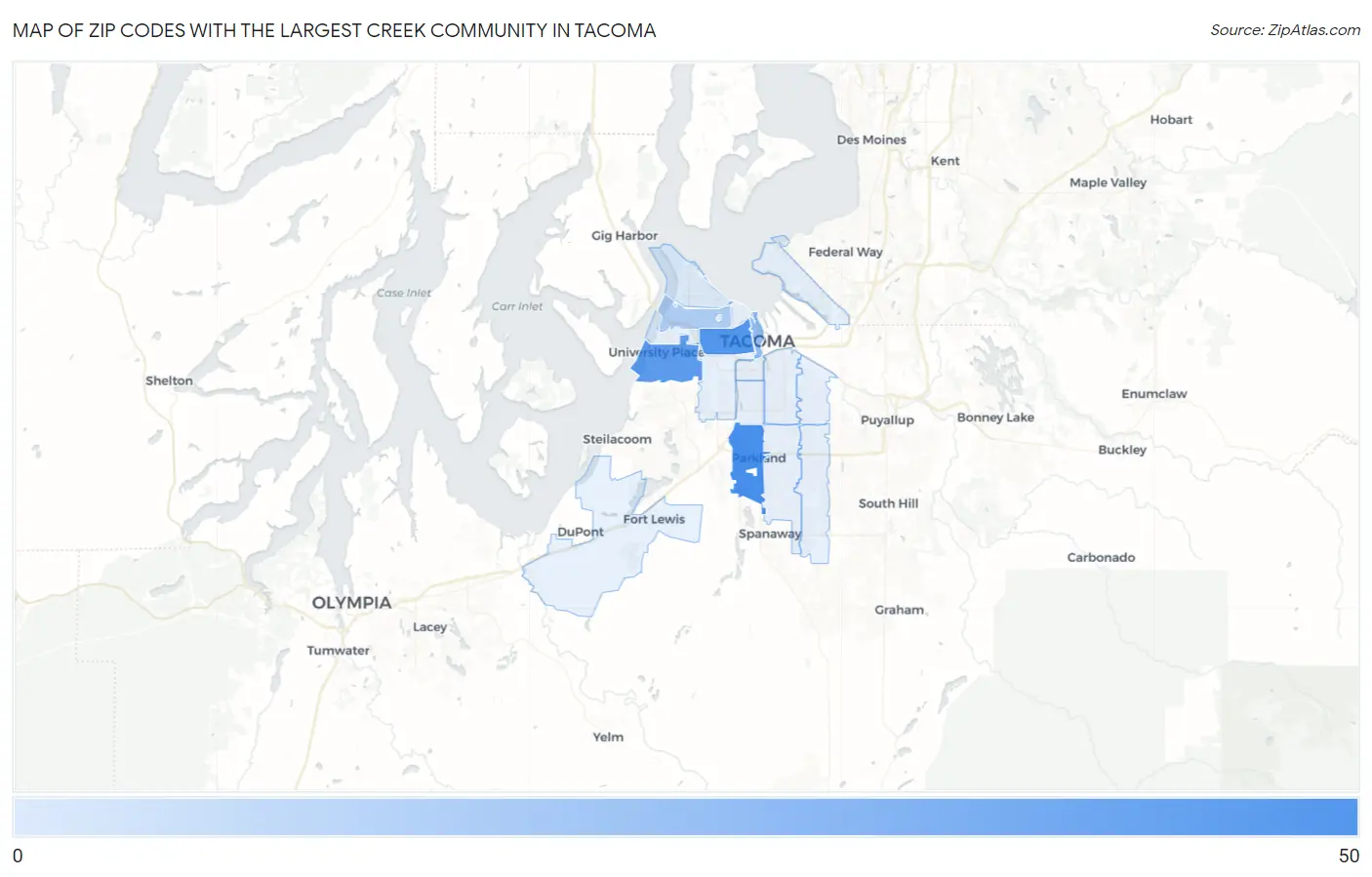 Zip Codes with the Largest Creek Community in Tacoma Map