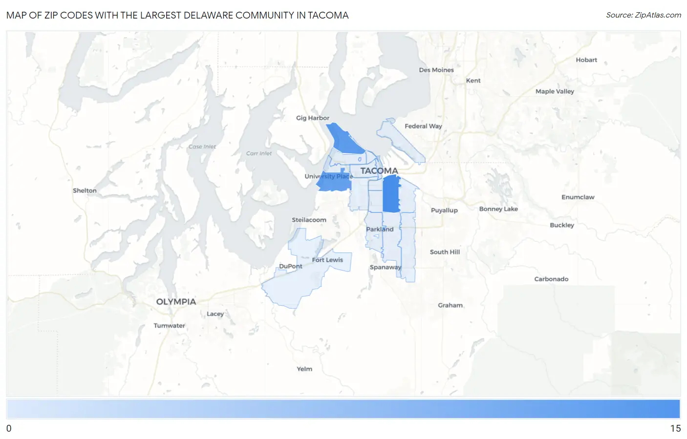 Zip Codes with the Largest Delaware Community in Tacoma Map