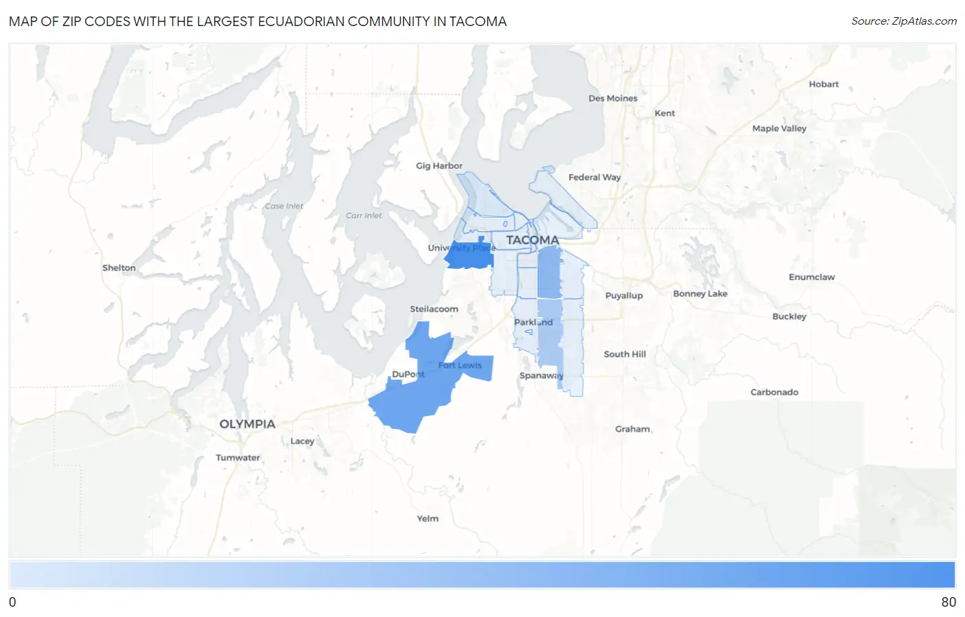 Zip Codes with the Largest Ecuadorian Community in Tacoma Map