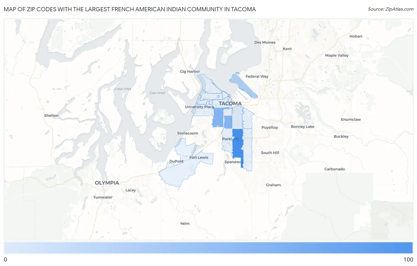 Zip Codes with the Largest French American Indian Community in Tacoma Map