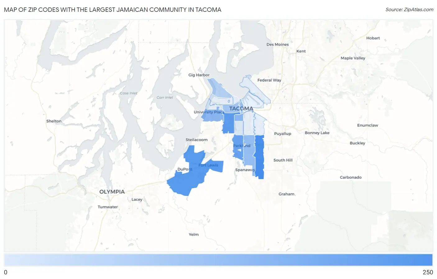 Zip Codes with the Largest Jamaican Community in Tacoma Map
